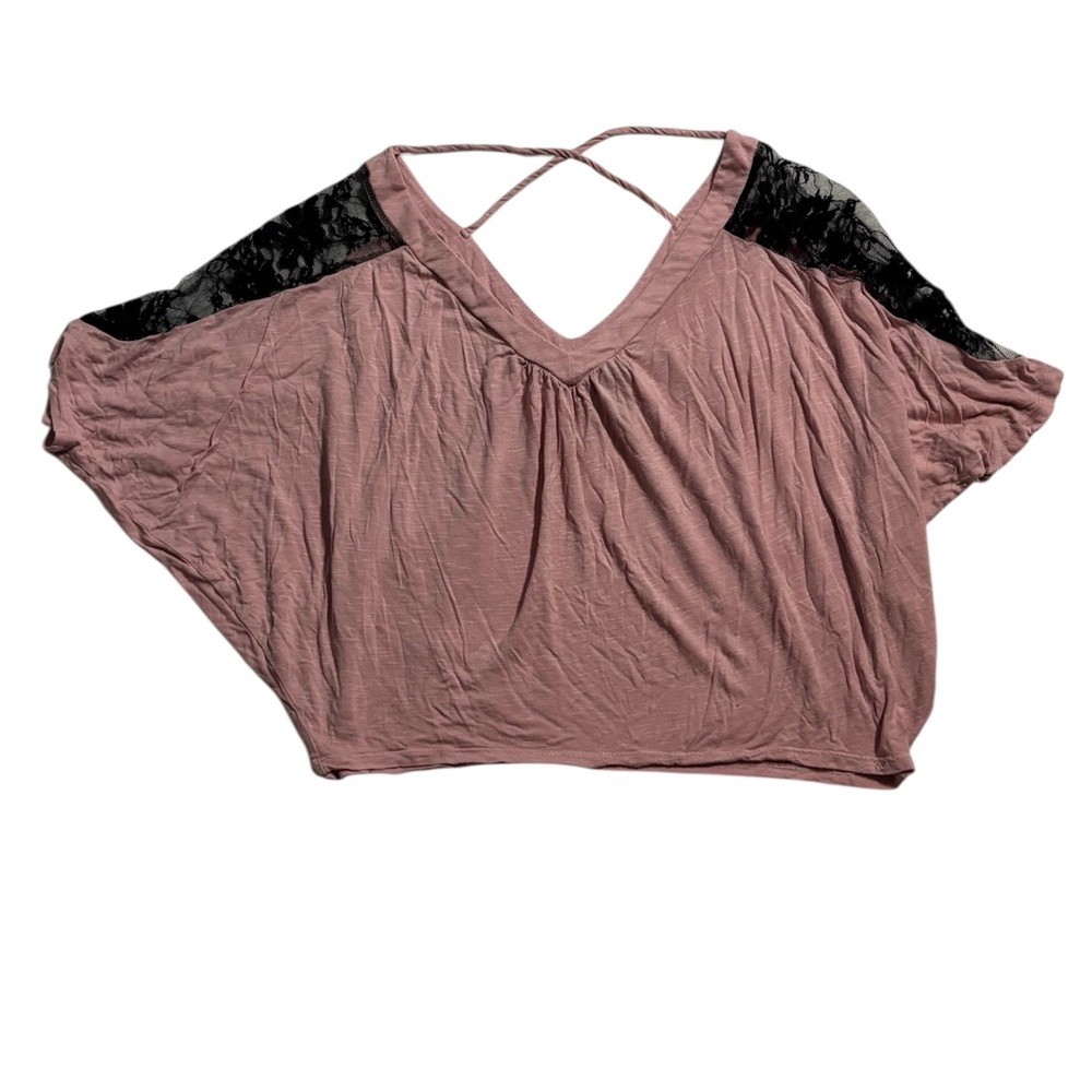 Pink Batwing Crop Top with Black Lace Shoulders